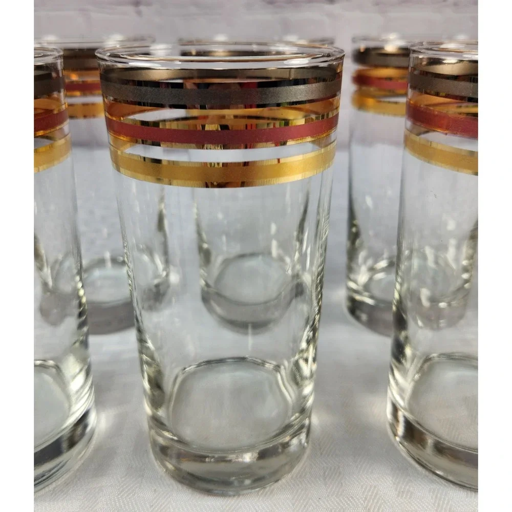 Set Of 8 Culver LTD Gold Banded Rondo 12 Oz. MCM Tall Drinking Bar Glasses 5.5